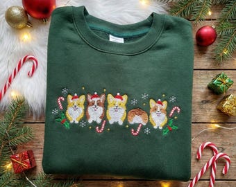 Sweat à capuche brodé ligne de Noël pour chien Corgi, col rond avec bonnet de Noel chien mignon, pull des fêtes de fin d'année, cadeau de Noël pour maman Corgi