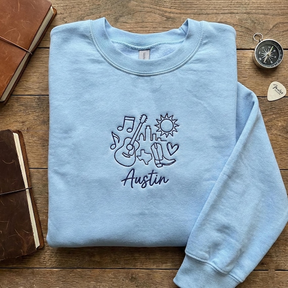 Embroidered Austin Texas Sweatshirt, Music City Skyline Crewneck, Texas Guitar Cowboy Boot Top, Austin Souvenir Gift,Lone Star State Apparel