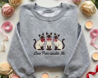 Sweat-shirt brodé chat siamois, col rond Love Purr-suades Me, joli pull chat avec noeud papillon, cadeau pour maman siamoise, pull animal