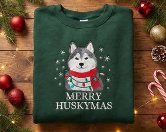 Merry Huskymas Embroidered Sweatshirt, Husky Dog Christmas Sweater, Dog Lover Gift, Siberian Husky Puppy Hoodie
