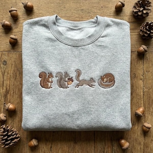 May include: A grey sweatshirt with an embroidered design of four squirrels. One is standing, another holding an acorn, a third running, and the last curled up sleeping. Acorns and pine cones are scattered around the sweatshirt, creating a woodland theme.