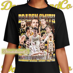 May include: Black t-shirt with a collage of basketball players wearing Purdue jerseys. The text "Braden Smith College Basketball Player" is printed on the shirt.