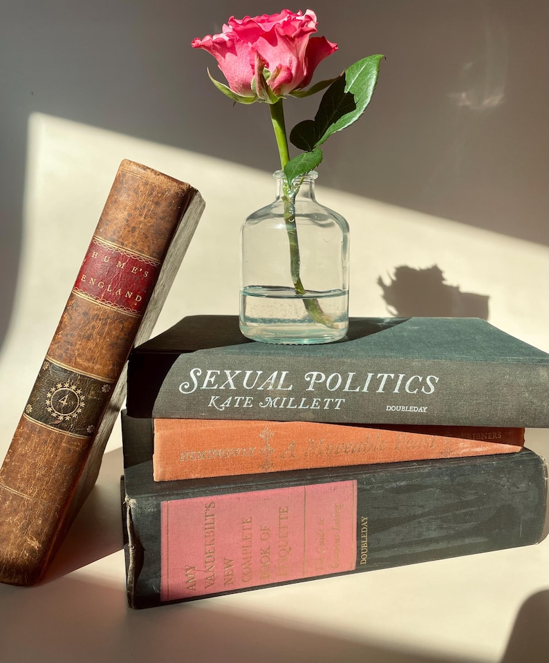 Stack of vintage books styled with a pink rose
