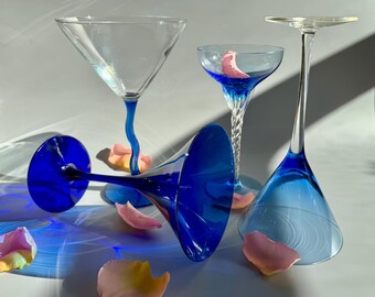 Blue Vintage Martini Glasses | Set of 4 | Mismatched Glassware