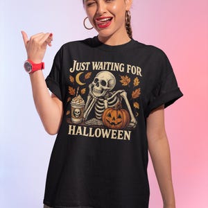 Unisex Heavy Cotton Tee - Just Waiting for Halloween Skeleton Shirt, Halloween Tee, Fall Apparel, Spooky Season Shirt, Funny Halloween shirt