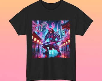 Cyber Oni Samurai T-Shirt - Neon Demon Warrior - Japanese Cyberpunk Aesthetic Tee