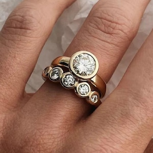 Round Cut Engagement Ring, Solitaire Bezel Set Ring Set, Five Stone Bezel Set Wedding Band, 14K Yellow Gold Unique Bridal Ring Set For Gift