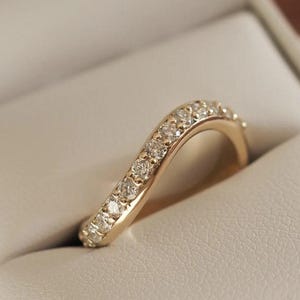 Curved Wave Diamond Band, Round Cut Colorless Moissanite Engagement Band, Sea Wave Half Eternity Band, 14K Gold Stacking Band Gift For Women