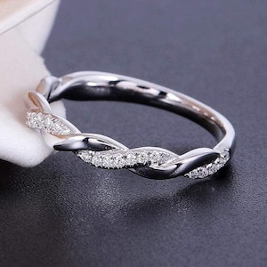 Twisted Wedding Band, Round Cut Moissanite Engagement Band, Half Eternity Moissanite Band, 14K White Gold Band, Rope Style Band For Women