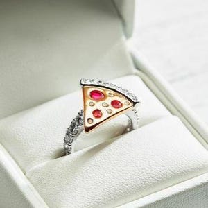 Pizza Slice Ring, Red Ruby Round Cut Party Wear Ring, Food Inspired Ring, Cluster Diamond Ring, Food Lover Ring, Two Tone Pizza Accent Ring