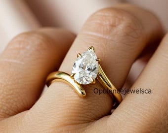 Anillo de boda de moissanita con vástago en espiral, anillo de compromiso de moissanita incolora en forma de pera de 2,00 ct, anillo solitario de oro amarillo macizo de 14 quilates con diseño en espiral para regalo