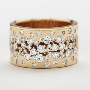 Diamond Cigar Band, Flush Setting Band, Moissanite Wedding Band, Cocktail Stacking Band, Engagement Wide Band, 14K Gold Band For Women&#39;s