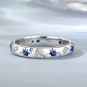 Flush Setting Stackable Band, Aquamarine &Blue Sapphire Round Cut Engagement Ring, Moon And Star Crescent Eternity Band, 14K White Gold Band