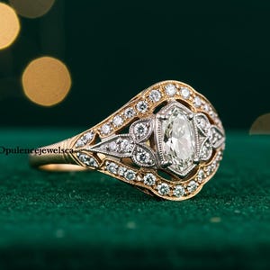 Filigree Art Split Shank Wedding Ring, Round & Oval Cut Colorless Moissanite Engagement Ring, Vintage Art Deco Ring, 14K Two Tone Gold Ring
