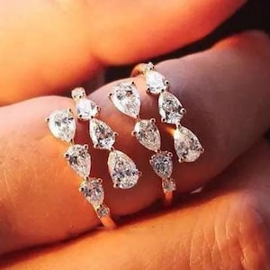 Unique Open Diamond Adjustable Ring, Pear Cut Moissanite Wedding Ring, Bypass Adjustable Engagement Band, 14K Gold Swirl Multiple Row Ring