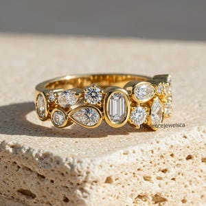 Unique Cluster Wedding Band, Multi Cut Moissanite Engagement Ring, Eternity Bezel Set Band, Multi Shape Stackable Band, 14K Yellow Gold Band