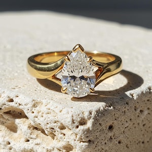 Split Shank Wedding Ring, 3.00 CT Pear Moissanite Engagement Ring, Solitaire Tear Drop Elegant Ring, 14K Yellow Gold Pear Shape Promise Ring