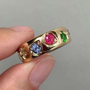 Multi Color Wedding Band, Multi Shape Cut Engagement Ring, Flush Set Stackable Band, Family Gemstone Band, 14K Yellow Gold Stackable Band