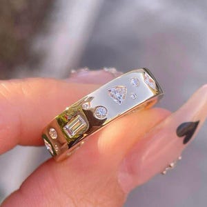 Unique Full Eternity Stackable Wedding Band, Multi Stone Engagement Moissanite Ring, Flush Setting Band, 14K Yellow Gold Wide Promise Band