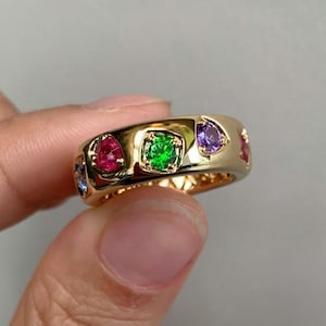 Multi Color Gemstone Wedding Band, Multi Shape Stackable Engagement Ring, 14K Solid Yellow Gold Flush Set Family Birthstone Ring for Women
