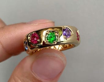 Multi Color Gemstone Wedding Band, Multi Shape Stackable Engagement Ring, 14K Solid Yellow Gold Flush Set Family Birthstone Ring for Women