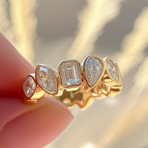 Multi Shape Bezel Set Engagement Band, Multi Stone Colorless Moissanite Wedding Band, 14K Yellow Gold Stacking Full Eternity Promise Band
