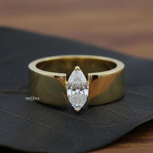 Unique Signature Solitaire Engagement Ring, Marquise Lab Grown Diamond Ring, Stacking Wedding Band, 14K Yellow Gold Wide Anniversary Band