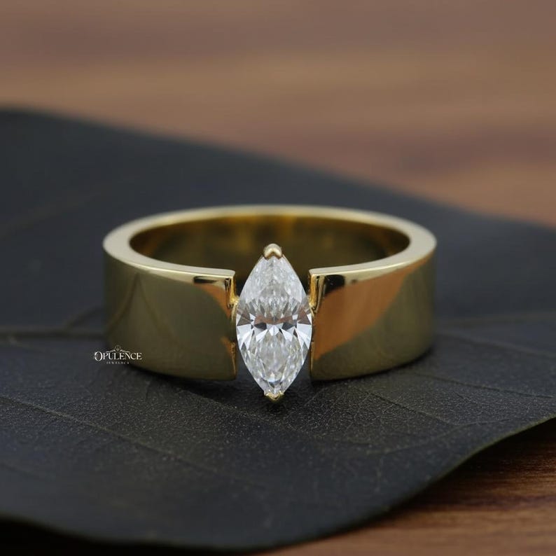 Unique Signature Solitaire Engagement Ring, Marquise Lab Grown Diamond Ring, Stacking Wedding Band, 14K Yellow Gold Wide Anniversary Band