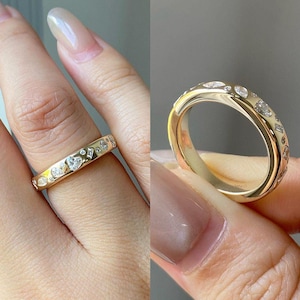 Flush Setting Full Eternity Stackable Wedding Band, Multi Stone Engagement Moissanite Ring, Unique Wide Band, 14K Yellow Gold Promise Band
