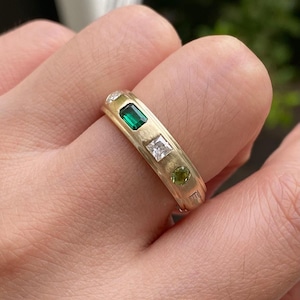 Multi Stone Flush Set Band, Multi Color Multi Shape Engagement Ring, Unique Multi Gemstone Customize Wedding Ring, 14K Yellow Gold Wide Band