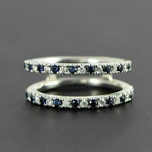 Enhancer Moissanite Wedding Band, Round Cut Blue Sapphire Moissanite Engagement Band, Enhancer Guard, 14K White Gold Aggie Moissanite Ring
