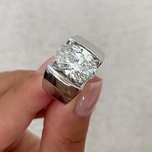 Cathedral Setting Cigar Band, 4.00 CT Oval Cut Moissanite Engagement Ring, Solitaire Wide Band Ring, 14K White Gold Unique Stackable Band