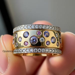 Scattered Diamond Cigar Band, Multi Gemstone Round Engagement Ring, Wedding Wide Band, Flush Set Cluster Band, Two Tone Gold Eternity Band