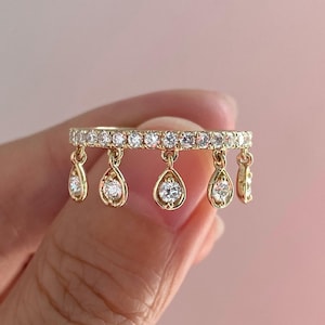 Diamond Drop Wedding Ring, Round Colorless Moissanite Engagement Ring, Dangling Charm Promise Diamond Ring, 14K Gold Hanging Diamond Ring