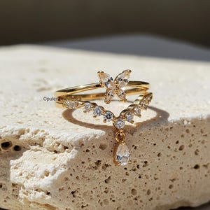 Unique Butterfly Shape Ring, Marquise & Round Moissanite Engagement Ring, Teardrop Dangling Charm Ring, 14K Yellow Gold Two Row Promise Ring