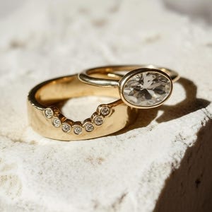 Unique Bridal Ring Set, 2.5 CT East To West Oval Cut Moissanite Wedding Ring, Flush Set Cigar Band, 14K Gold Solitaire Bezel Bridal Ring Set