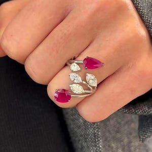 Unique Bypass Adjustable Ring, Pink Ruby Gemstone Multi Shape Ring, Open Gap Leaf Inspired Ring, 14K White Gold Gorgeous Cluster Swirl Ring