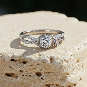 Twisted Rope Style Wedding Band, Round Cut Moissanite Engagement Ring, Unique Twisted Infinity Ring, 14K White Gold Rose Shape Accent Ring
