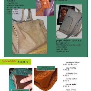 May include: A magazine page featuring leather craft projects, including a brown leather tote bag, a gray leather pouch, and a brown leather phone case. The page also includes a close-up of a leather stitching technique.