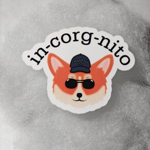 May include: A sticker featuring a cartoon corgi wearing sunglasses and a navy blue cap. The sticker has the text "in-corg-nito" in a playful font. The corgi has orange and white fur.
