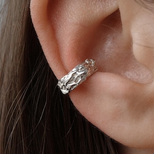 Sterling Silver No Piercing Ear Cuff, Organic Molten Conch Earrings, Unique Textured Ear Wrap for Earring Stack