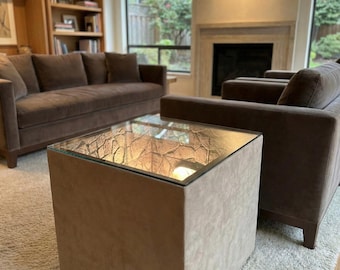 Beige Alcantara Infinity Mirror Table - Premium 3D LED Side Table - Warm Luxury Home Decor - MyskoDesign