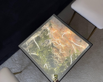 Luxury Floral Infinity Coffee Table 24x24" – Modern Black Alcantara LED Side Table with Remote 3D Botanical Tunnel End Table – Ready to Ship