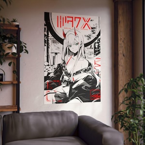 Zero Two, Darling in the Franxx, estilo artístico japonés, carteles verticales de anime Waifu, impresión ilustrativa, decoración de pared de chica linda, póster mate