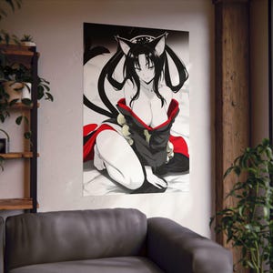 Póster de anime Waifu, póster vertical de fan art de Kuroka High School DxD, arte tradicional japonés, linda chica de anime, impresión ilustrativa