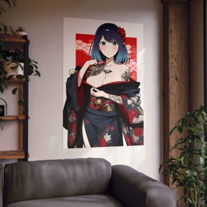 Akane Kurokawa, arte tradicional japonés, linda chica ilustrativa, anime tatuado, carteles verticales mate de Oshi no Ko Anime Waifu