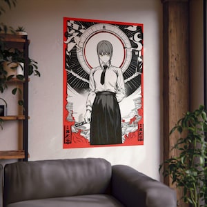 Makima de Chainsaw Man, estilo de arte tradicional japonés, linda chica de anime, ilustración de waifu, carteles verticales mate, impresión de decoración del hogar