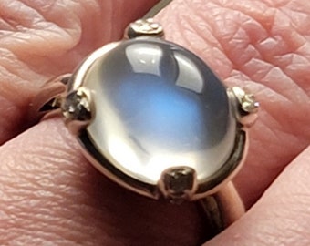 Vintage Favero Moonstone Diamond Ring, 18kt Gold Setting, Size 7.25
