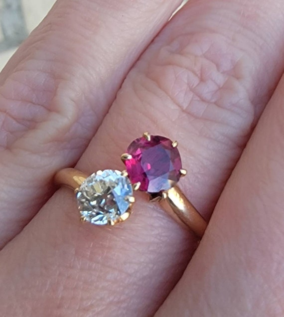 Outstanding Toi et Moi Antique Ruby and Old Cut D… - image 9
