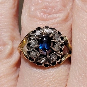 Georgian Sapphire and Rose Cut Diamond Ring. Set with mixed metals. Size 5.75.